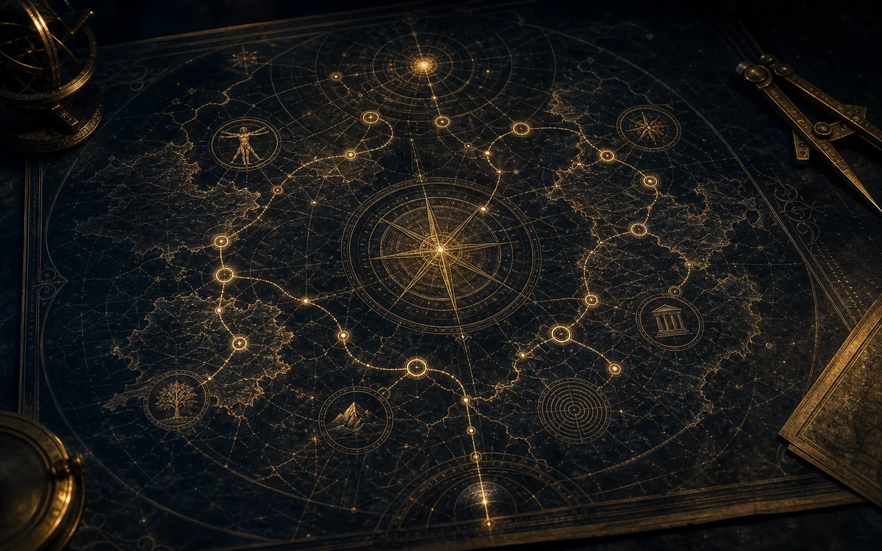 An antique gold navigation map drawn with routes, arcs, and compass rings.