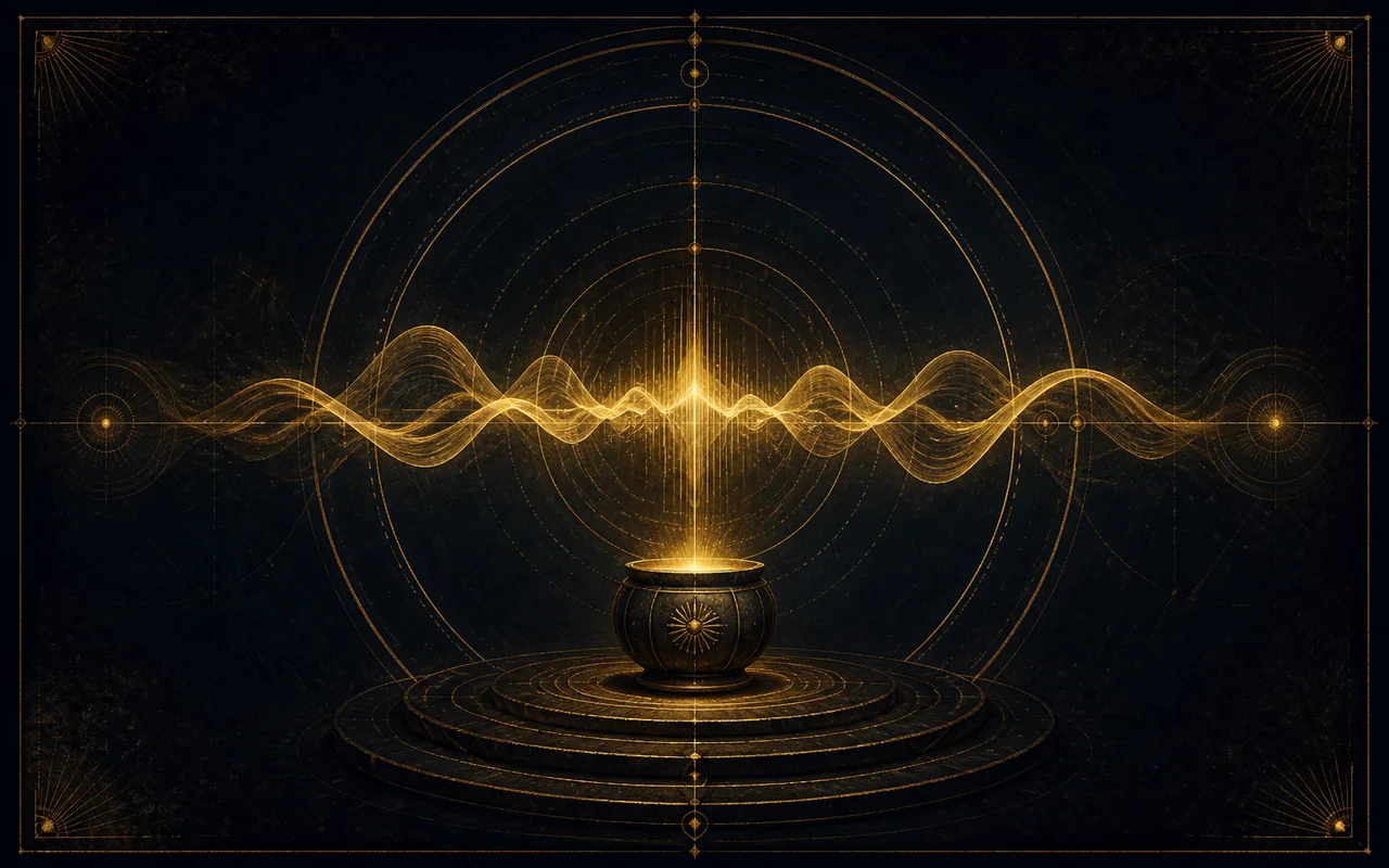 A luminous antique gold voice ribbon arranged within circular geometry.